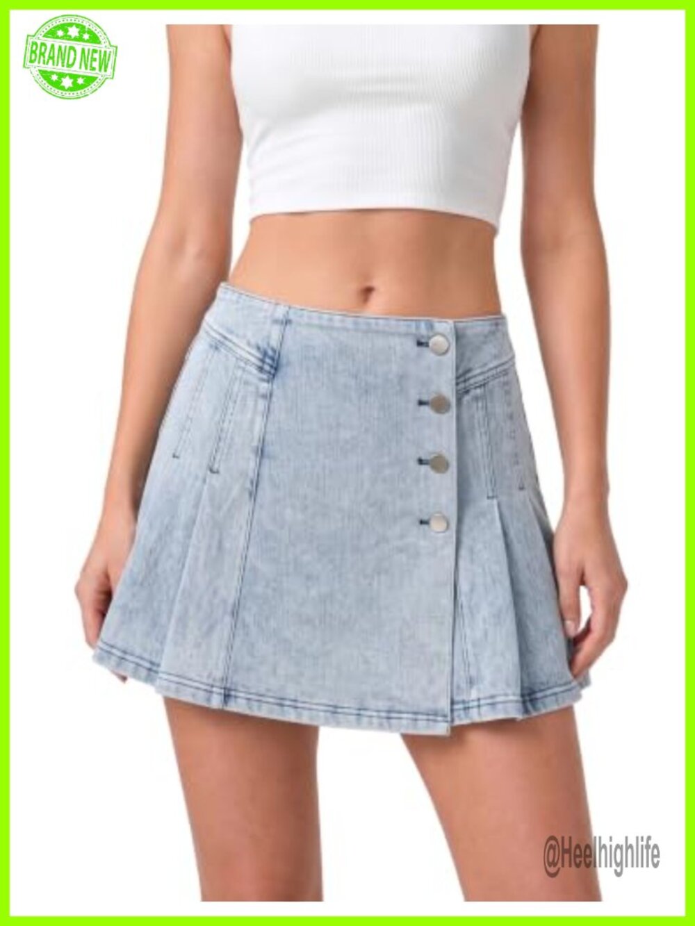 High Waist Pleated Denim Skort with Pockets